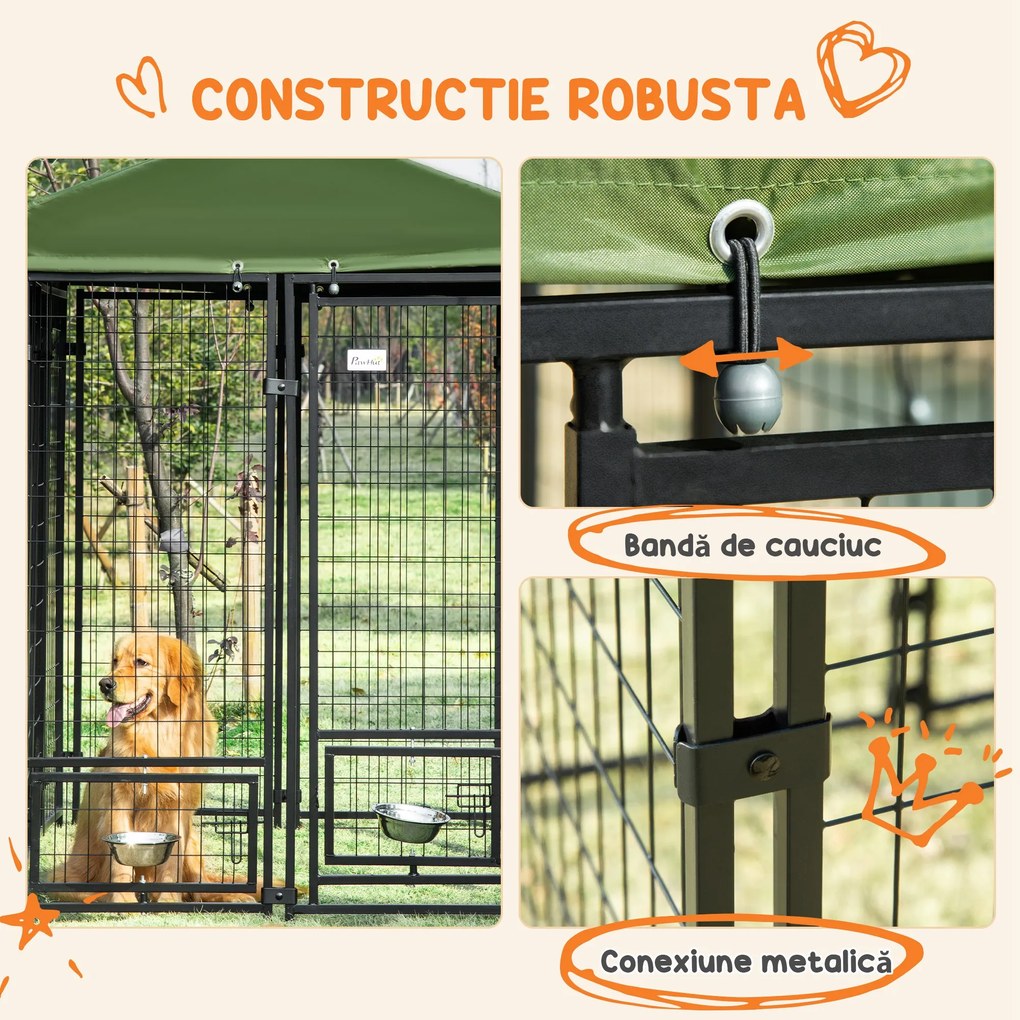 PawHut Canisa Aer Liber Lada Blocare Animale Companie Gard Sârmă Sudată Oțel Acoperiș Protecție | Aosom Romania