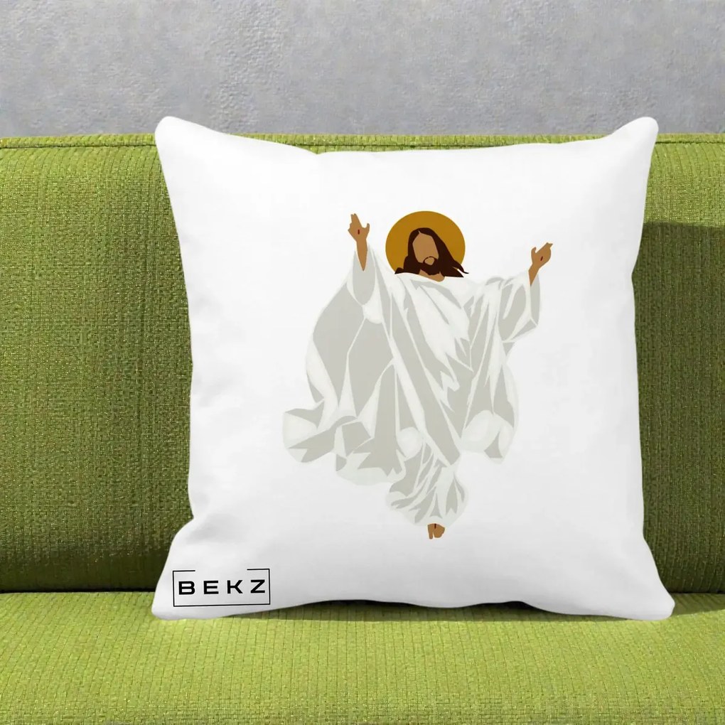 Perna decorativa Iisus Hristos Invierea Silueta Minimalista, 40x40 cm cu Umplutura, Alb Mat, BEKZ