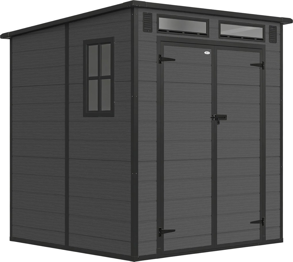 Outsunny Magazie de Grădină 2.89m² din PP și Aluminiu cu Podea, Depozit Grădină cu Uși Duble cu Încuietoare, Aerisiri, 3 Ferestre, Acoperiș Înclinat, Mănuși, Gri Închis | Aosom Romania