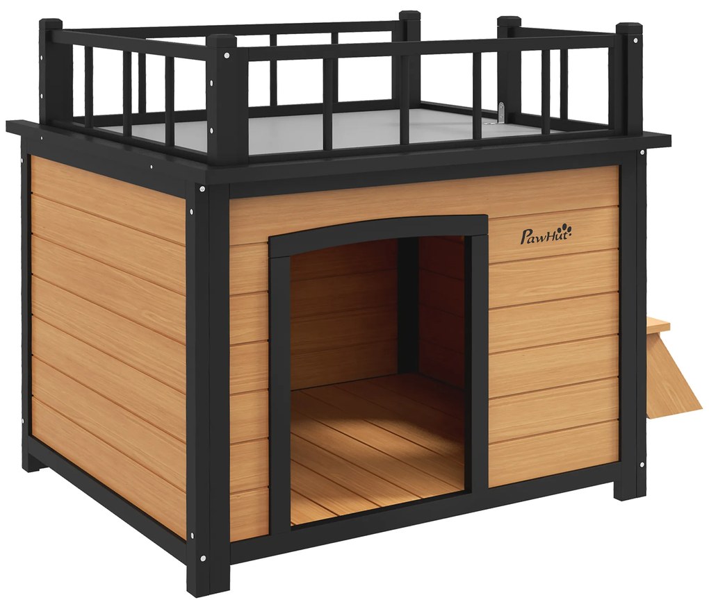 PawHut Căsuță pentru câini cu terasă, rezistentă la intemperii, lemn, 121x77x78cm, Negru/Galben | Aosom Romania