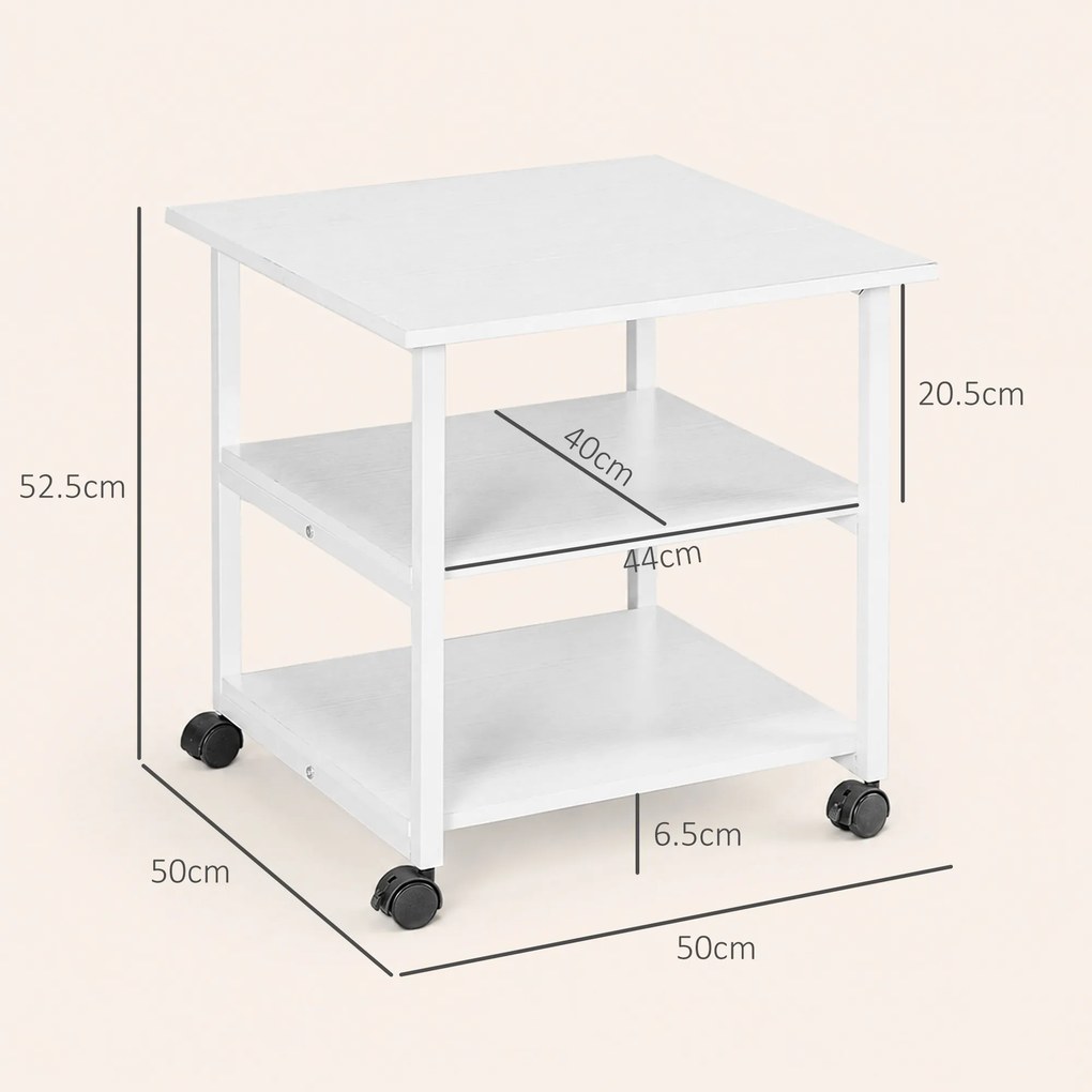 HOMCOM Suport Imprimantă cu Raft de Depozitare, Masă de Imprimantă mobilă pe roți, 50x50x52.5 cm, Alb | Aosom Romania