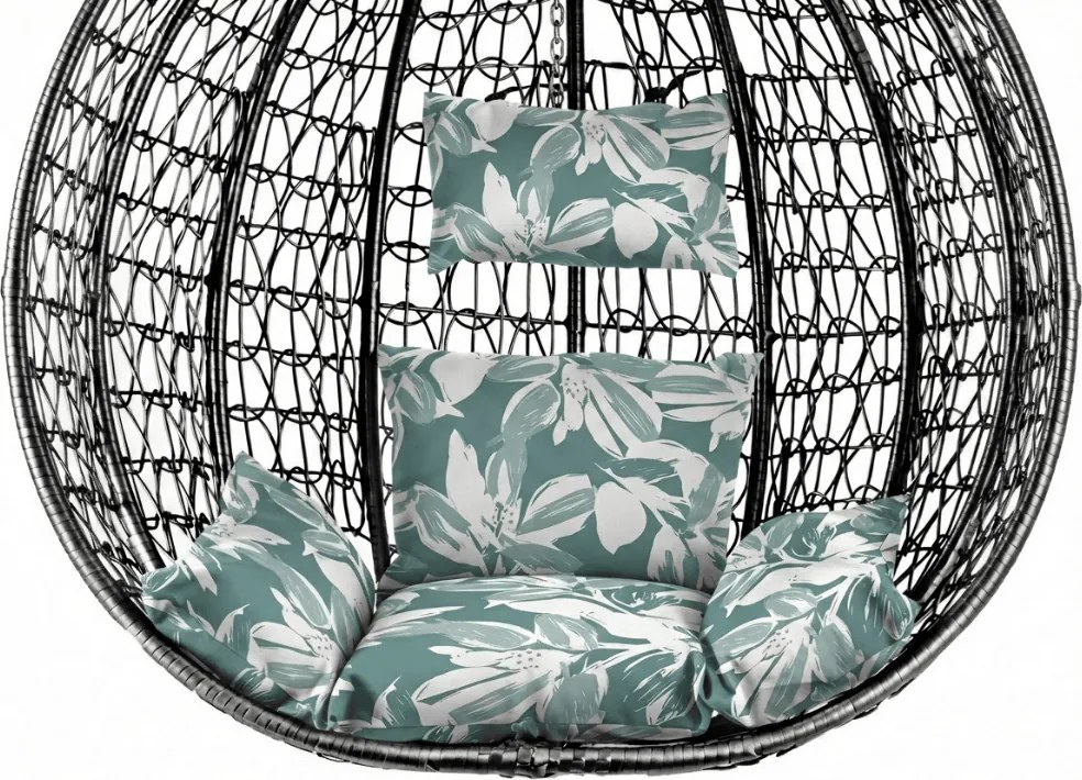 Fotoliu suspendat negru KOKON fara suport, pernă verde-albă