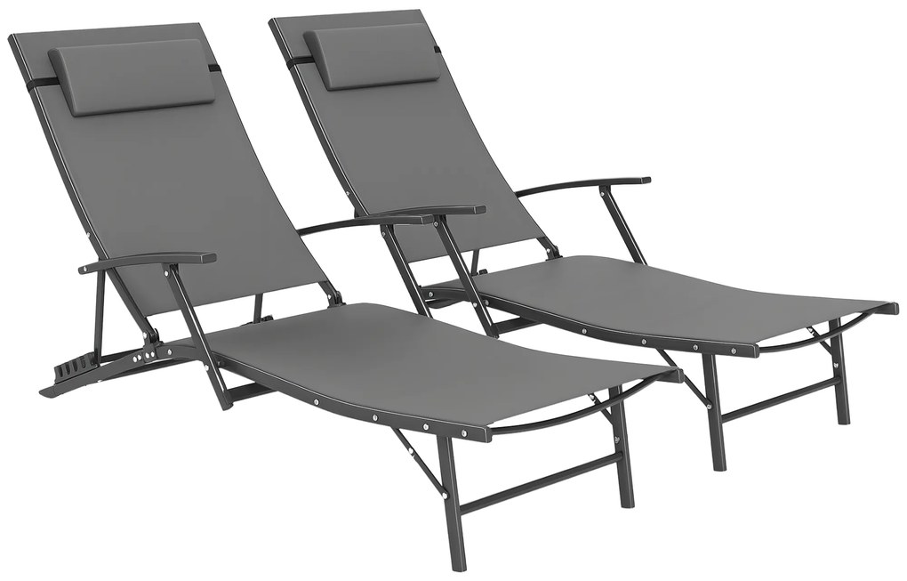 Outsunny Set de 2 Șezlonguri Pliante, Ajustabile în 4 Poziții cu Cotiere și Perne, 64x154x87 cm, Gri | Aosom Romania