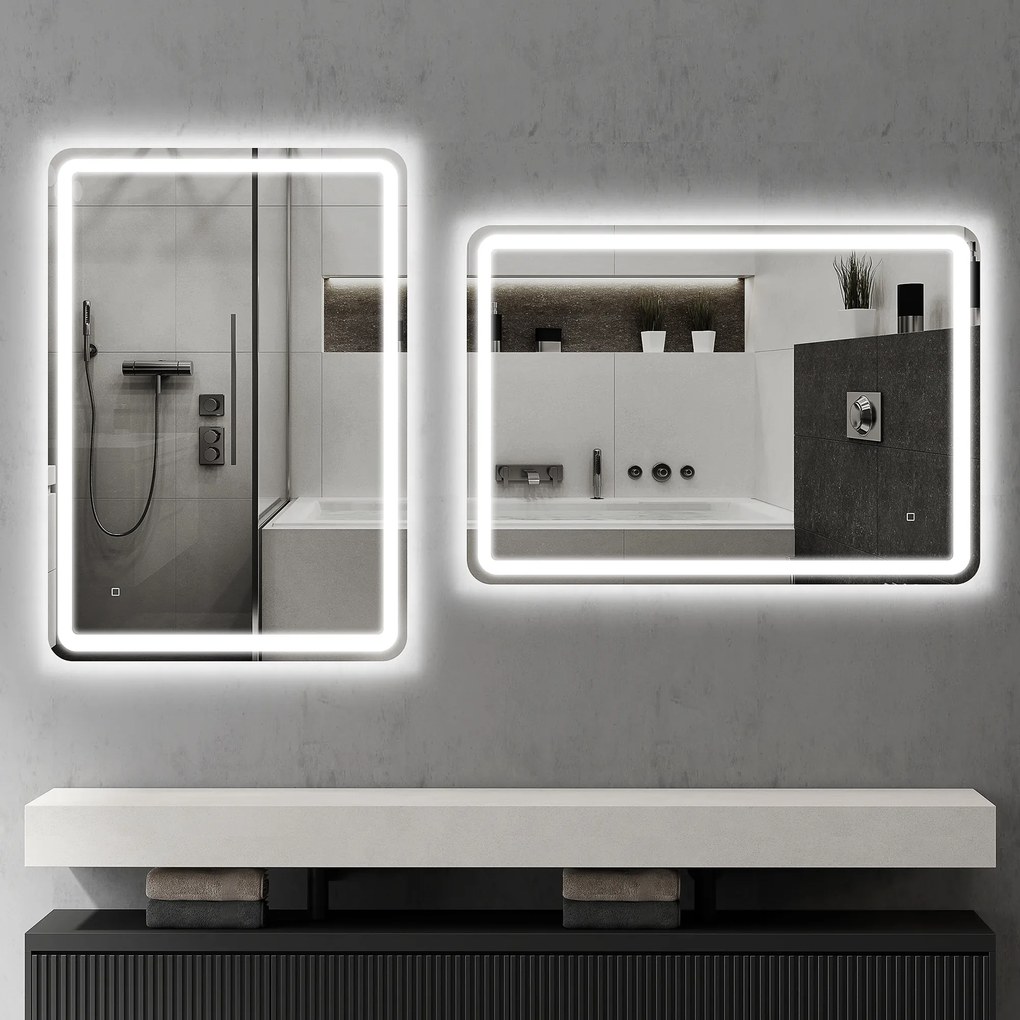 kleankin Oglinda pentru Baie cu Lumini LED, 70x50 cm, Argintiu | Aosom Romania