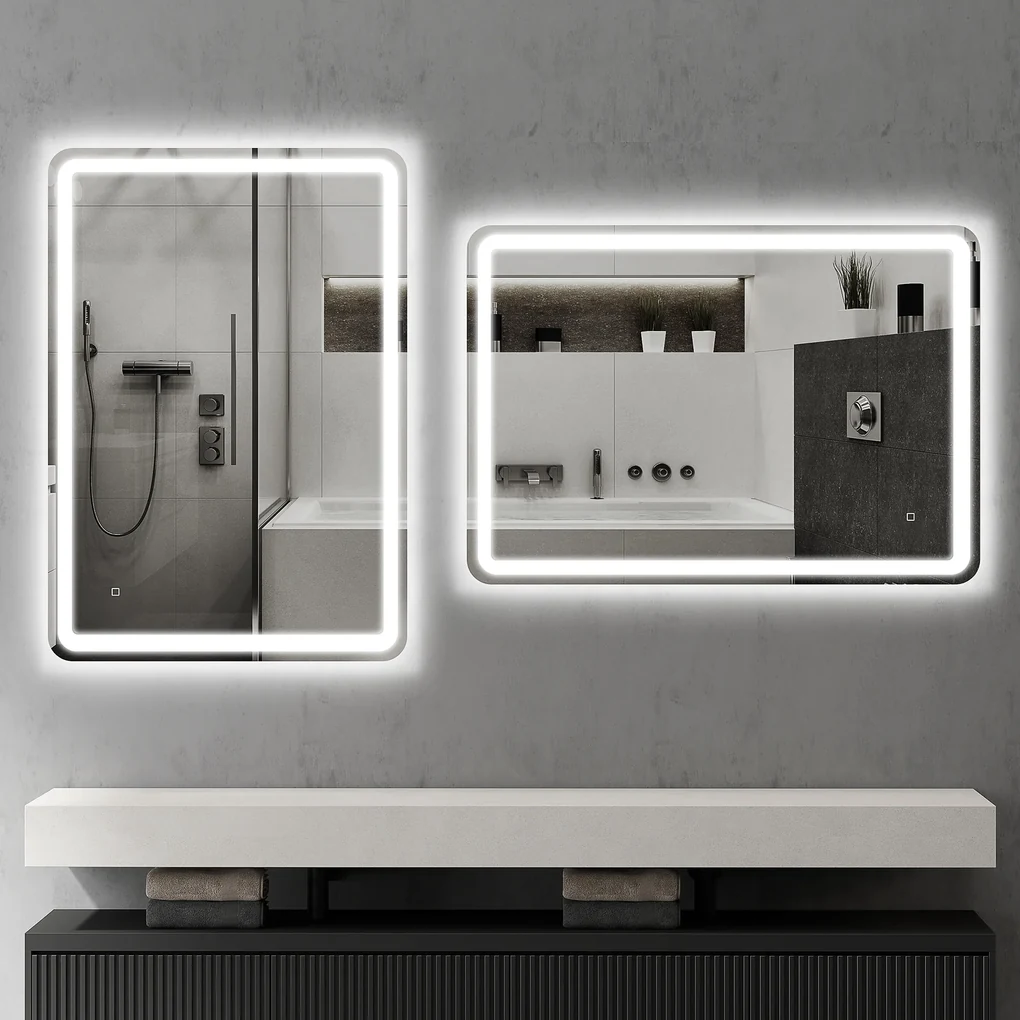 kleankin Oglinda pentru Baie cu Lumini LED, 70x50 cm, Argintiu | Aosom Romania