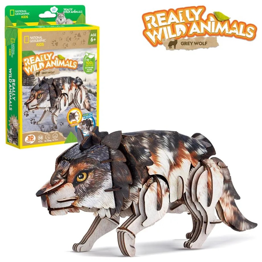 NATIONAL GEOGRAPHIC ANIMALE SALBATICE PUZZLE 3D LUP CENUSIU 58 PIESE - CUBIC FUN (CUDS1073h)