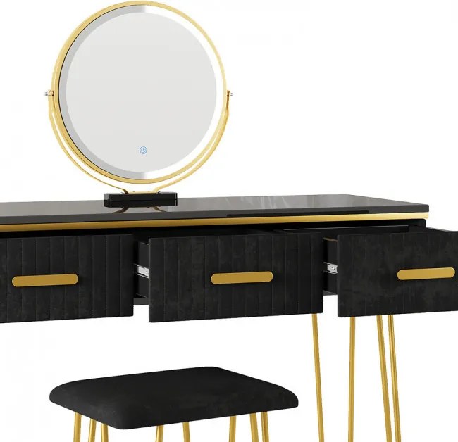 Masuta machiaj cu Oglinda LED si 3 Sertare pentru Cosmetice, Set Masa toaleta 100 cm, Negru, masuta cosmetica, vanity - SEN240