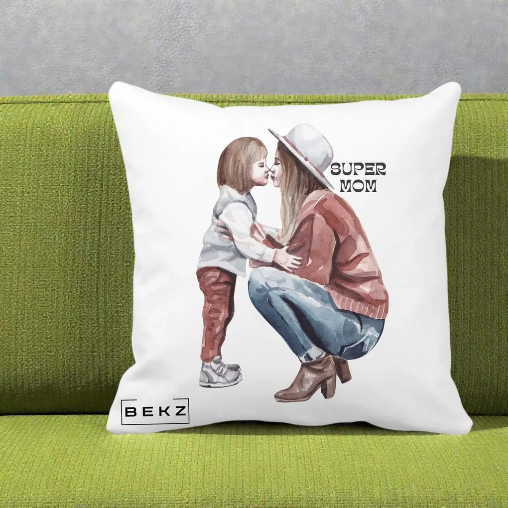 Cadou pentru Mama - Perna Personalizata Super Mom Acuarela, 40x40 cm, Alba Mata, Husa Detasabila, Perna Inclusa, BEKZ®