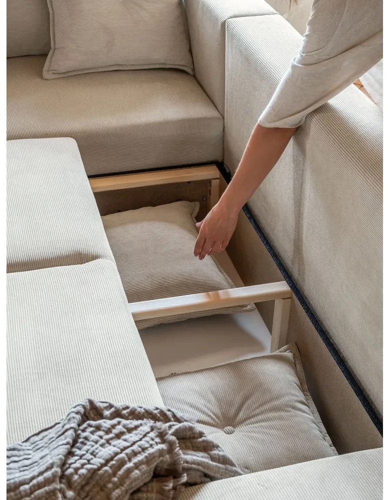 Colțar bej extensibil cu tapițerie din catifea reiată (colț stânga) Lazy Lukka – Miuform