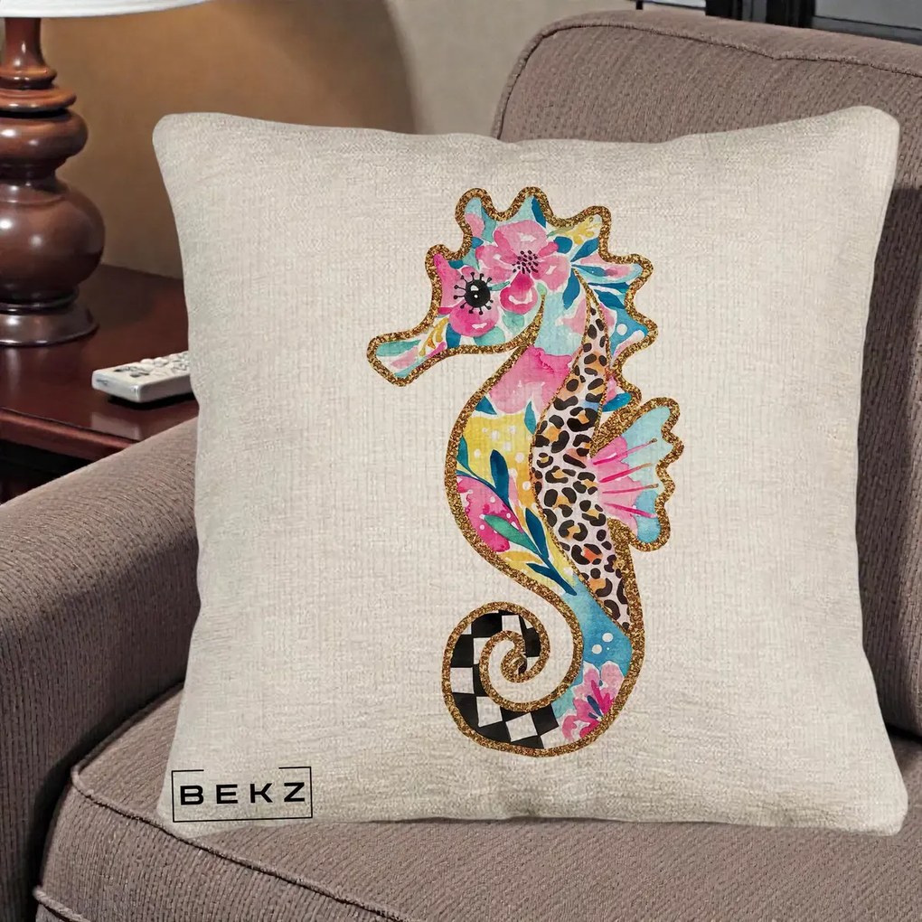 Perna Decorativa Calut de Mare Glitter Tropical, 40x40 cm, Bej Canapea, Husa Detasabila, Perna Inclusa, BEKZ®