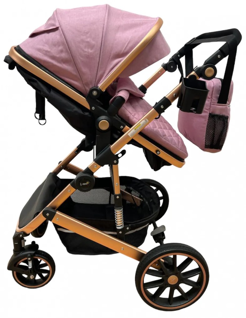 Carucior 3 in 1 cu scoica auto, transformabil, reversibil, cu roti cauciuc, 0-36 luni - CPC-37-roz