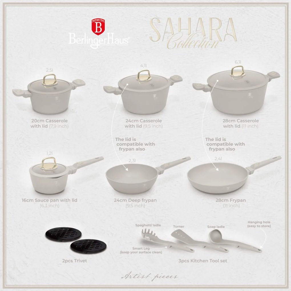 Set oale si tigai cu capace 15 piese Sahara Collection Berlinger Haus BH 8081, crem, antiaderente, curatare usoara, inductie, design elegant, premium