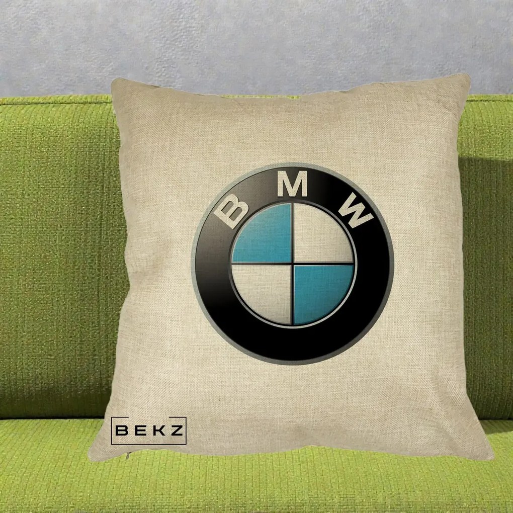 Perna Personalizata cu emblema BMW, 40x40 cm, Crem, Husa Detasabila, Perna Inclusa, BEKZ®