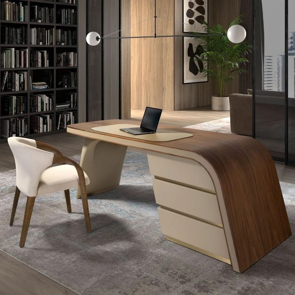 Birou cu design modern din lemn furniruit si piele sintetica Cream