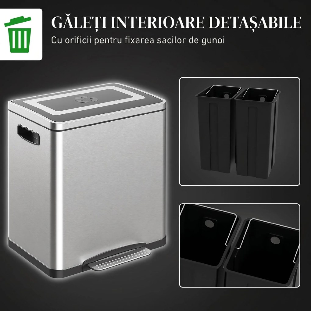 HOMCOM Coș de Gunoi cu 2 Secțiuni de 15L cu Pedală și Capac cu Închidere Lină, 40x34,8x47,5 cm, Argintiu | Aosom Romania