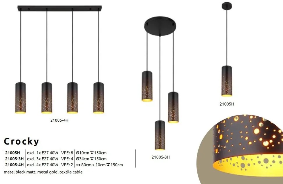 Lustra 3L design modern Crocky negru, auriu