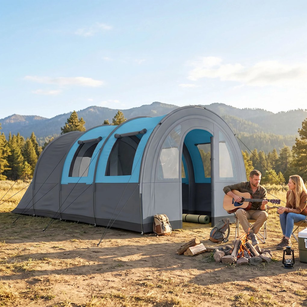 Outsunny Cort de Camping Impermeabil, Cort cu 5 Locuri, Zonă Separată de Dormit și Living, 480x260x200 cm, Gri și Albastru | Aosom Romania