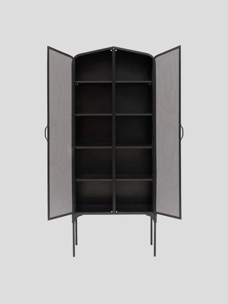 Dulap înalt cu rafturi industrial din metal, negru, cu 2 uși din tablă perforată, 10 rafturi și picioare înalte, 186 x 75,5 x 41,5 cm, „Melbourne”
