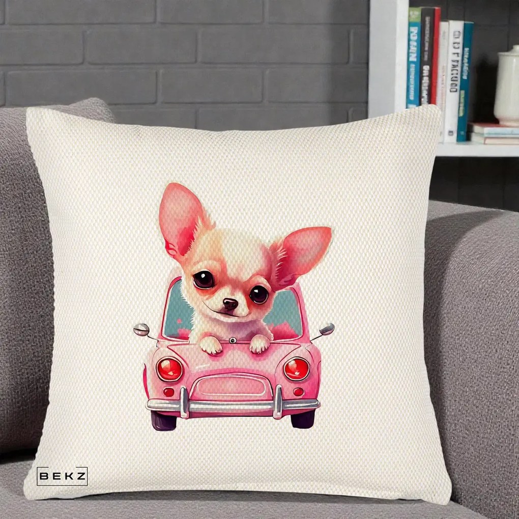 Perna Decorativa Chihuahua Roz in Masinuta, 40x40 cm, Crem Reliefat, Husa Detasabila, Perna Inclusa, BEKZ®