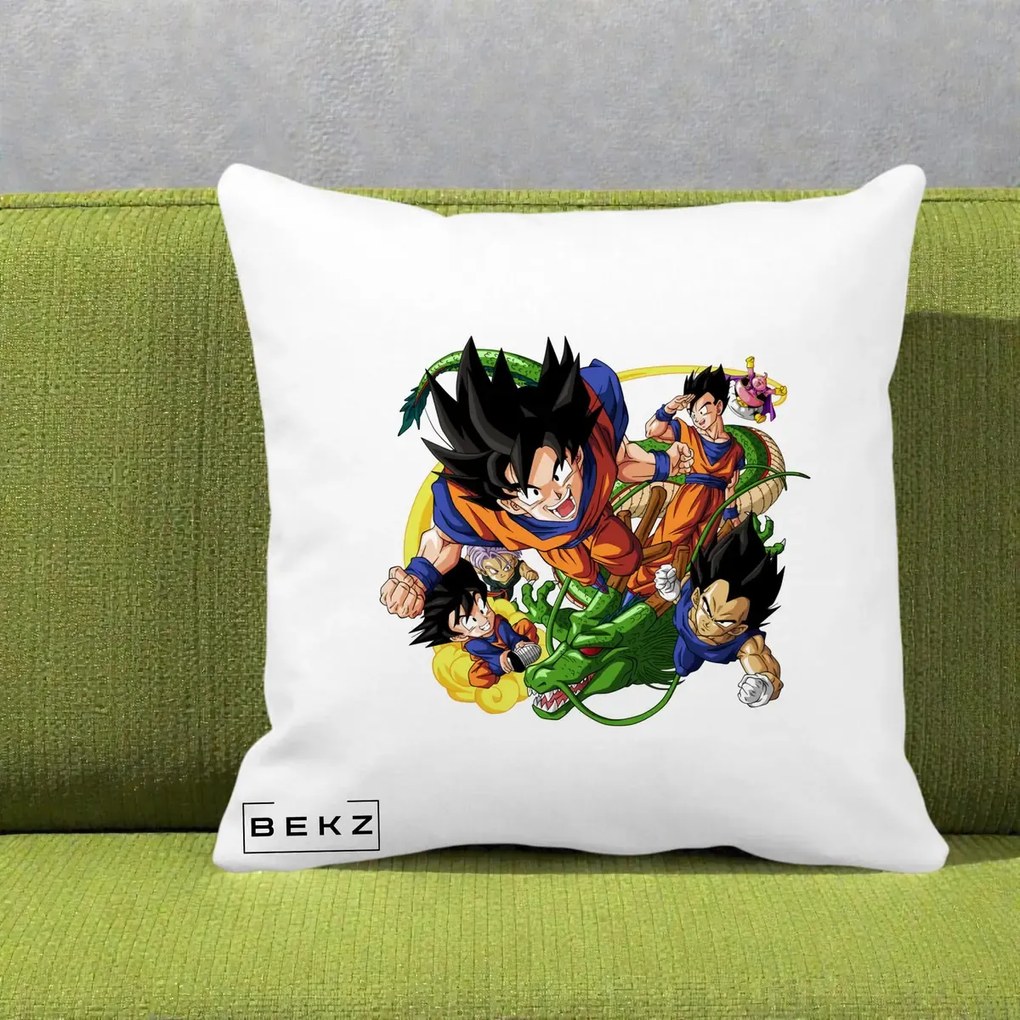 Perna Personalizata Dragon Ball Goku si Shenron Actiune, 40x40 cm, Alba Mata, Husa Detasabila, Perna Inclusa, BEKZ®
