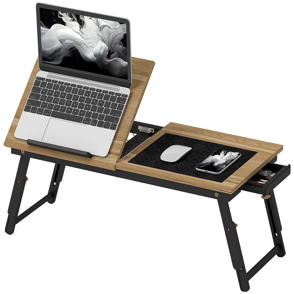 HOMCOM Suport Laptop Înclinabil, cu Înălțime Reglabilă și Sertar Lateral, 86x33x22,5-32 cm, Negru | Aosom Romania