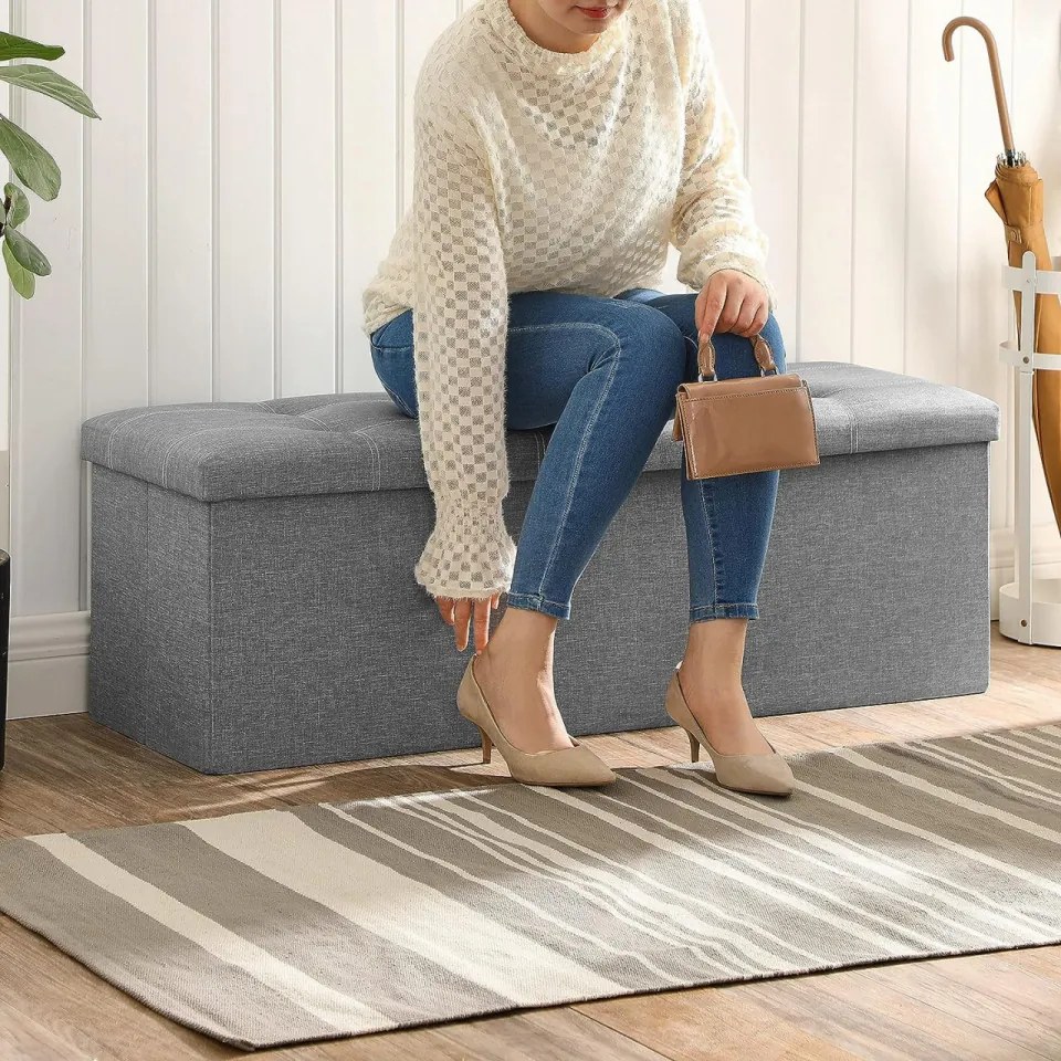 Bancheta versatila cu capac, MDF / textil, gri deschis, Songmics