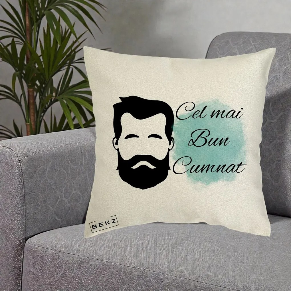 Cadou pentru Cumnat - Perna Personalizata Cel mai Bun Cumnat cu Portret Barbat si Pete Teal, 40x40 cm, Ecru, Husa Detasabila, Perna Inclusa, BEKZ®