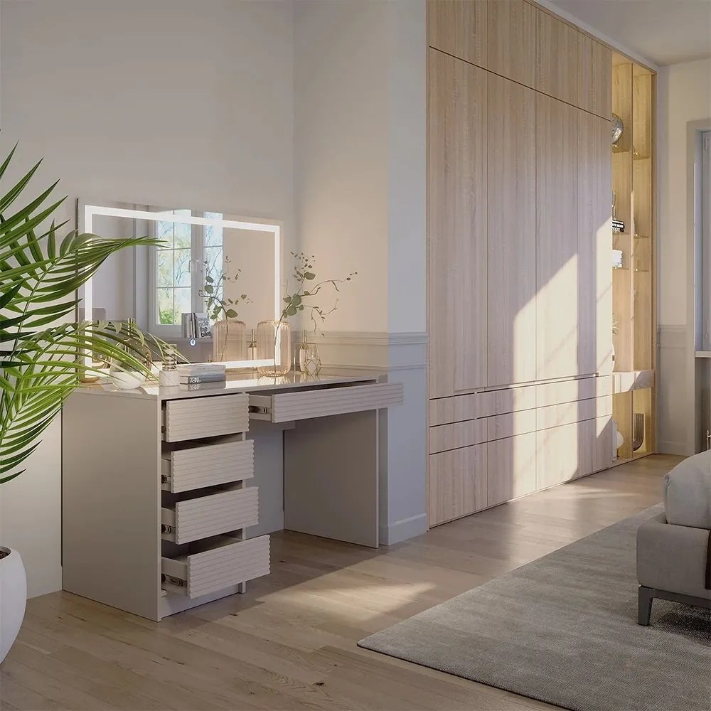 Masuta machiaj cu Oglinda LED si 5 Sertare pentru Cosmetice, Set Masa toaleta 120 cm, masuta cosmetica, vanity - SEC214