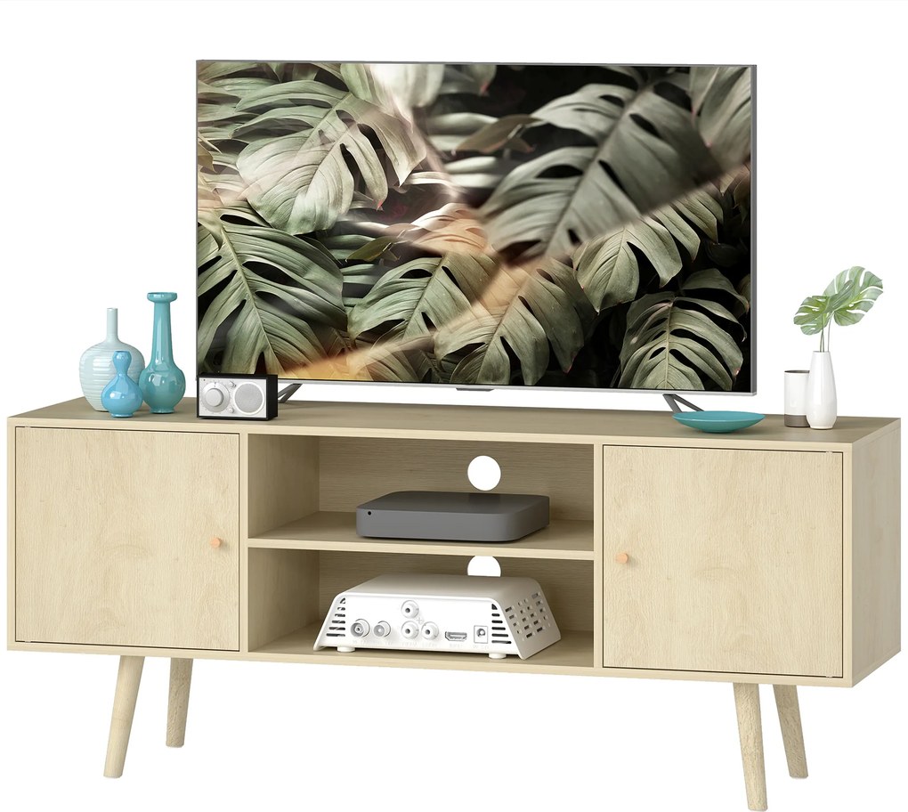 HOMCOM Comodă TV mobilier TV pentru televizor de până la 140 cm 2 dulapuri și 2 rafturi deschise 120x34x50cm efect lemn natural | Aosom Romania