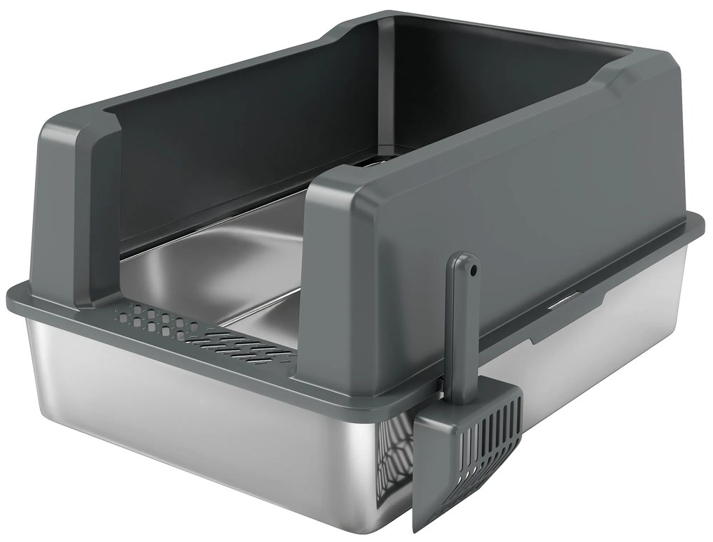 PawHut Lădiță de nisip pentru pisici din oțel inoxidabil 85L capacitate mare, toaletă semi-închisă, 71 x 50,8 x 35,5 cm gri | Aosom Romania