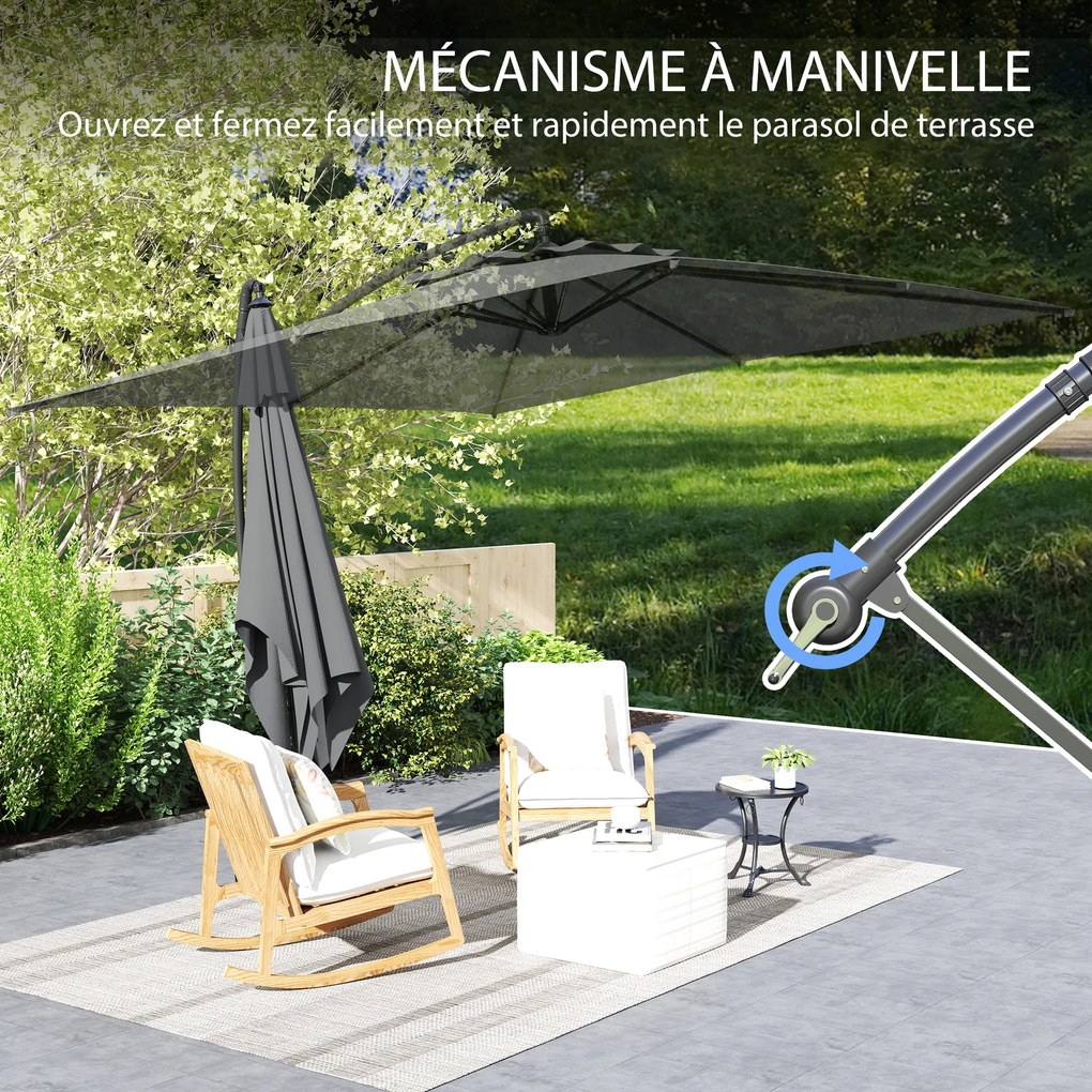 Outsunny Umbrelă laterală pătrată 3 x 3 m cu manivelă, bază încrucișată, umbrelă înclinabilă rotire la 360° țesătură 180 g/m² gri închis | Aosom Romania