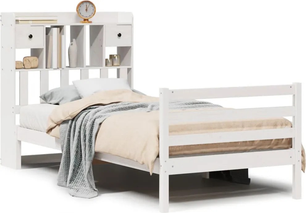 vidaXL Pat cu bibliotecă fără saltea, alb, 90x190 cm, lemn masiv pin