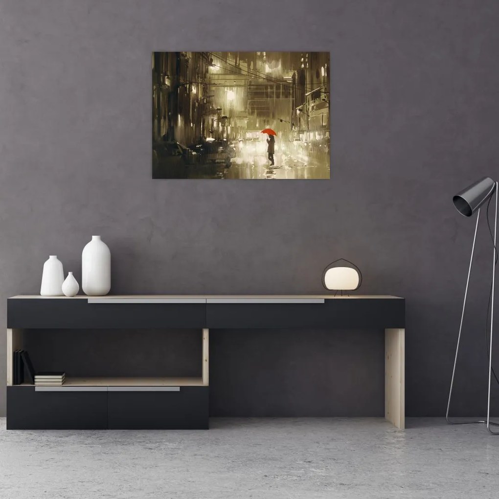 Tablou pe sticlă - Femeie într-o noapte ploioasă (70x50 cm)