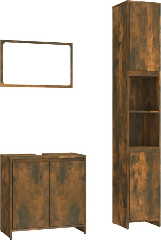 vidaXL Set mobilier de baie, 3 piese, stejar fumuriu, lemn prelucrat