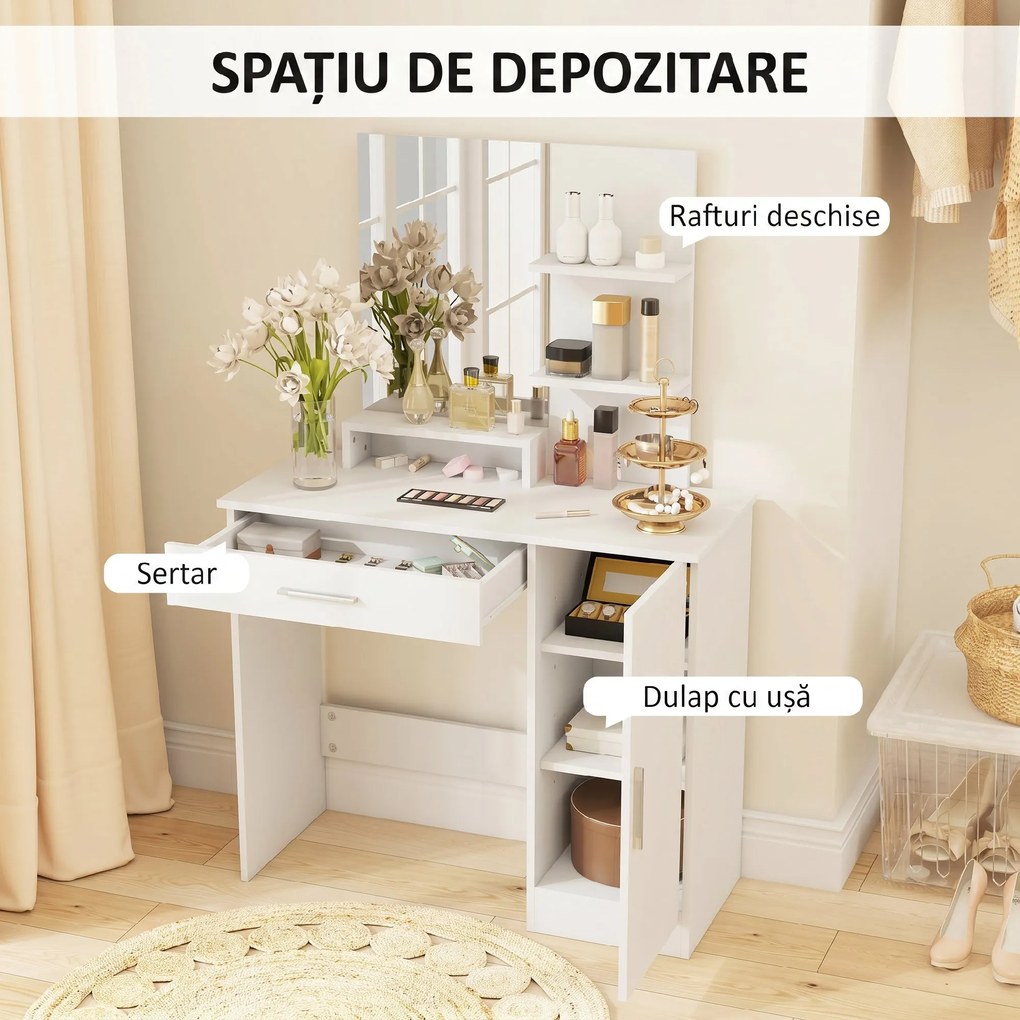HOMCOM Masuță cu Oglindă de Machiaj din PAL Alb 90x38x138 cm | Aosom Romania
