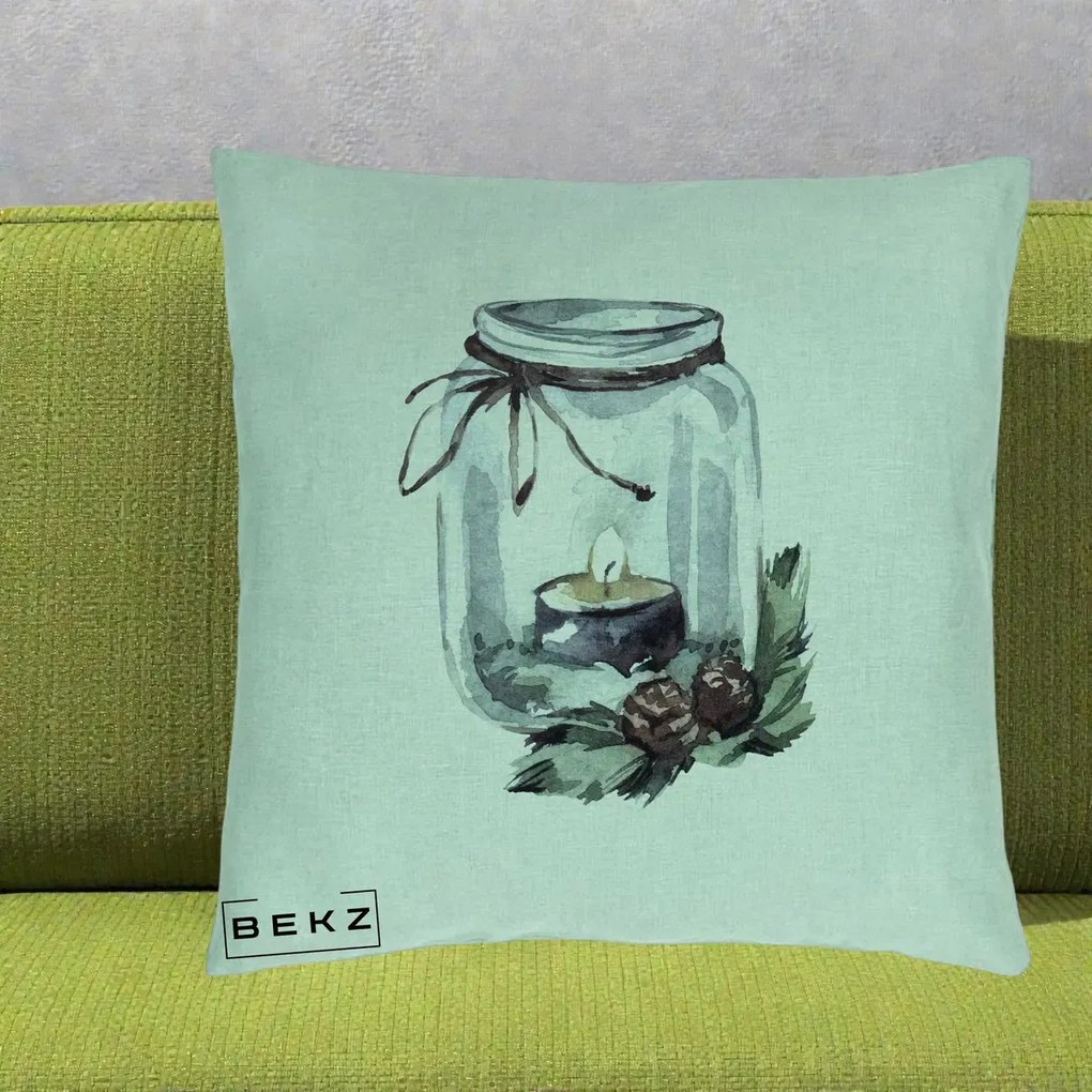 Perna Decorativa Felinar cu Lumanare si Conuri, 40x40 cm, Verde Menta, Husa Detasabila, Perna Inclusa, BEKZ®