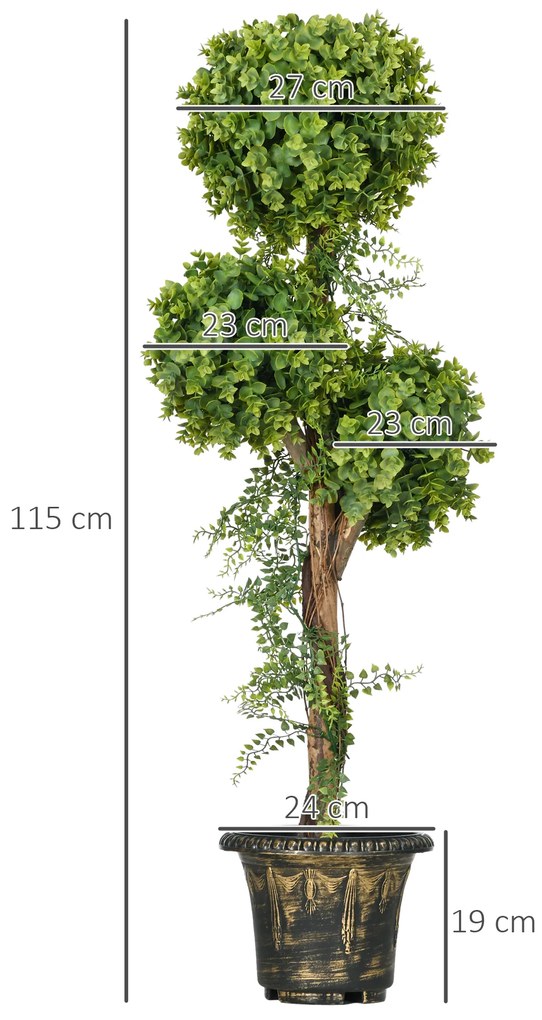 HOMCOM Plante Artificiale Arbore Artificial 3 Bile de Buxus cu Ghiveci de Ciment, Interior și Exterior, Înălțime 115 cm | Aosom Romania