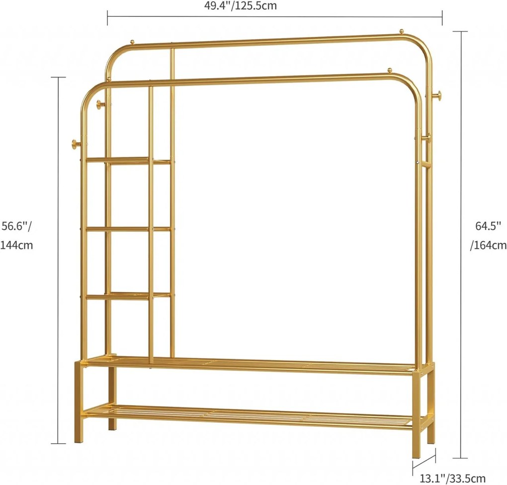 SUAU7 - Suport Haine dublu cu rafturi, 164 cm inaltime, pentru haine, dressing, dormitor - Auriu