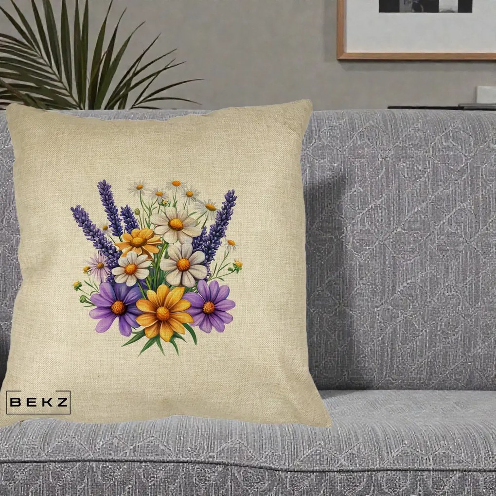 Perna Decorativa Lavanda Musetel si Flori Mov, 40x40 cm, Crem, Husa Detasabila, Perna Inclusa, BEKZ®