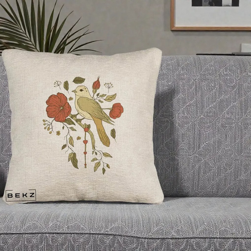 Perna Decorativa Pasare pe Ramura cu Maci, 40x40 cm, Bej Canapea, Husa Detasabila, Perna Inclusa, BEKZ®