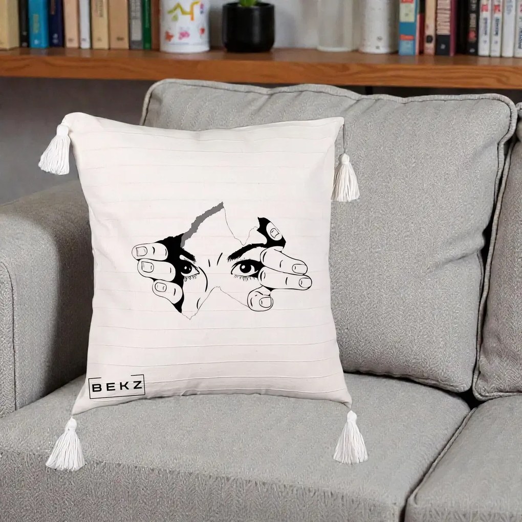 Perna Decorativa Ochi care Rup Suprafata, 40x40 cm, Bej cu Franjuri, Husa Detasabila, Perna Inclusa, BEKZ®