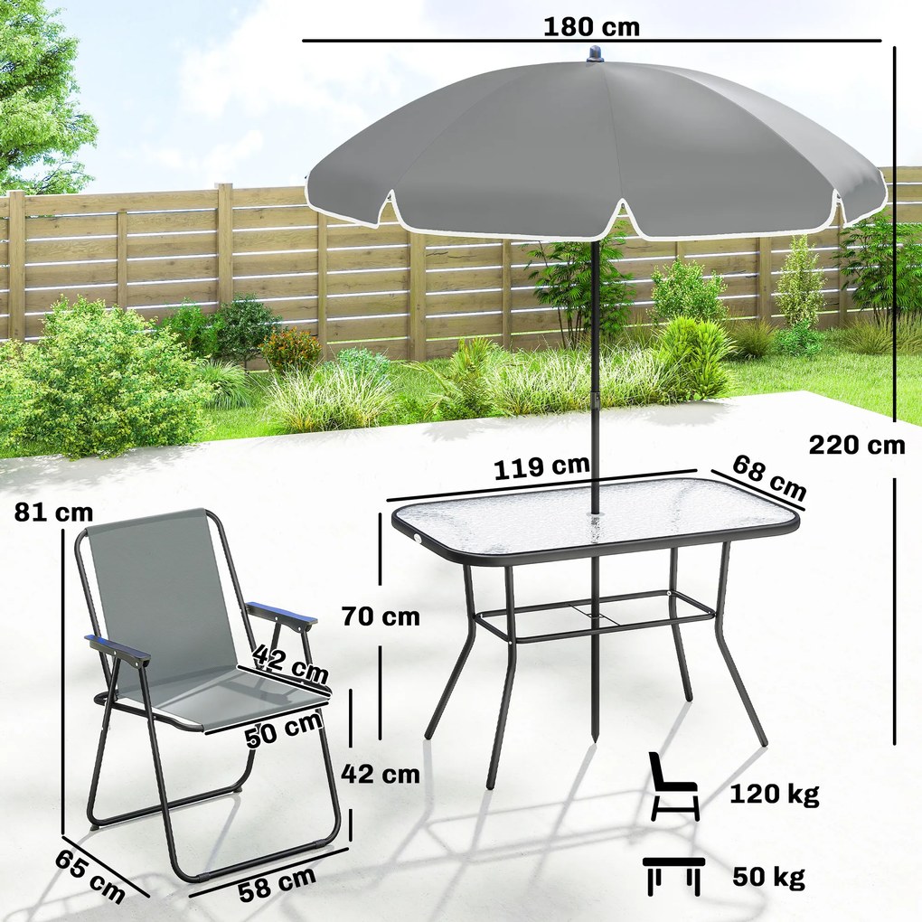 Outsunny Set de Masă de Grădină 8 Piese cu Umbrelă, Set Mobilier Grădină cu 6 Scaune Pliabile, Masă din Sticlă Temperată și Umbrelă pentru Terasă, Gri | Aosom Romania