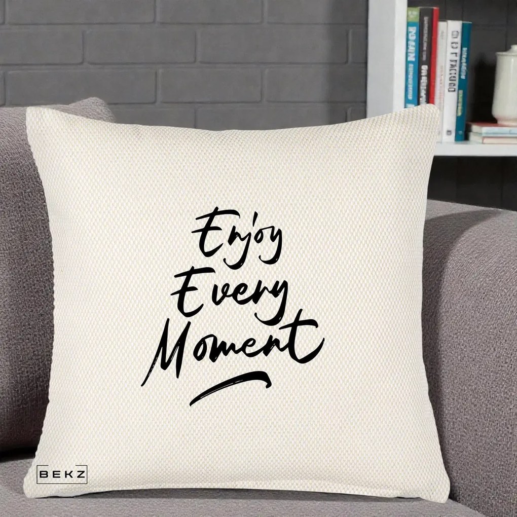 Perna Decorativa Enjoy Every Moment, 40x40 cm, Crem Reliefat, Husa Detasabila, Perna Inclusa, BEKZ®