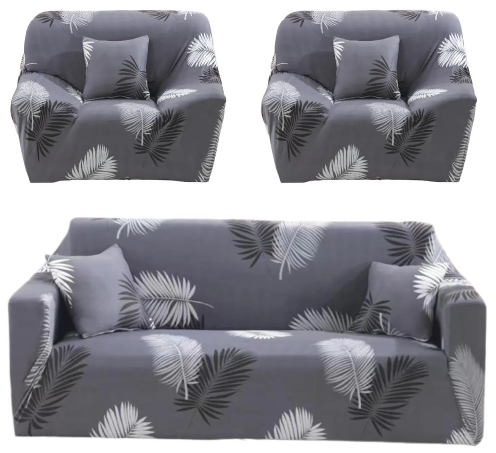 Set huse elastice pentru canapea 3 locuri si 2 fotolii, cu brate, spandex, gri deschis, HES-75