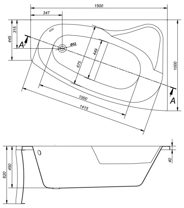 Cada baie pe colt Cersanit Sicilia, 150 x 100 cm, asimetrica, orientare dreapta, alba 1500x1000 mm, Dreapta