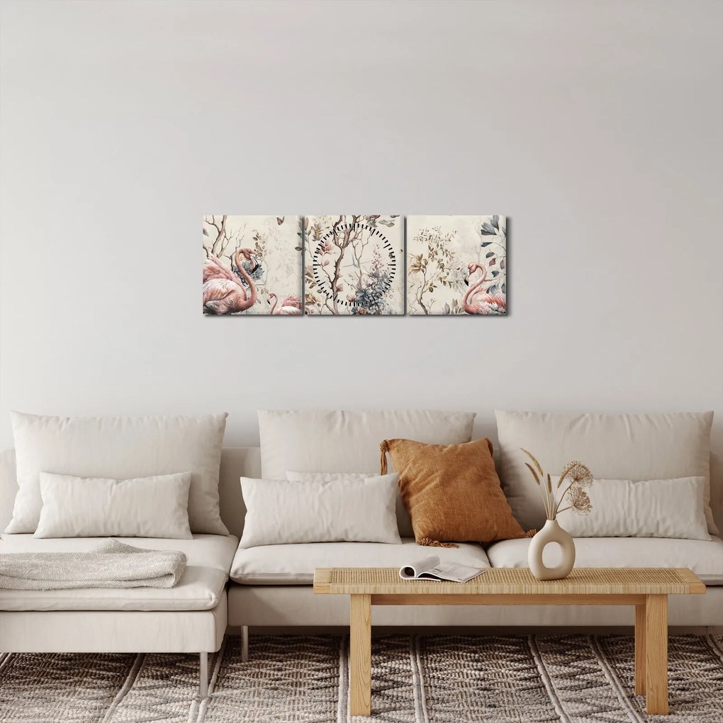 Tablou - Desen de flamingo (cu ceas) (90x30 cm)