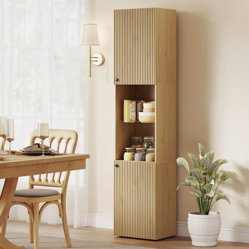 HOMCOM Coloană Baie Slim 6 Rafturi, 2 Uși, Compartimente Deschise, Raft din Sticlă Securizată, Rafturi Reglabile, Stejar | Aosom Romania