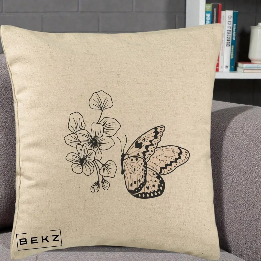 Perna Decorativa Fluture si Flori Linie Monocroma, 40x40 cm, Bej, Husa Detasabila, Perna Inclusa, BEKZ®