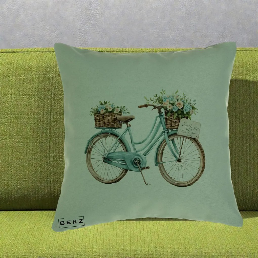 Perna Decorativa Bicicleta Teal cu Cosuri Duble de Flori Vintage, 40x40 cm, Verde, Husa Detasabila, Perna Inclusa, BEKZ®