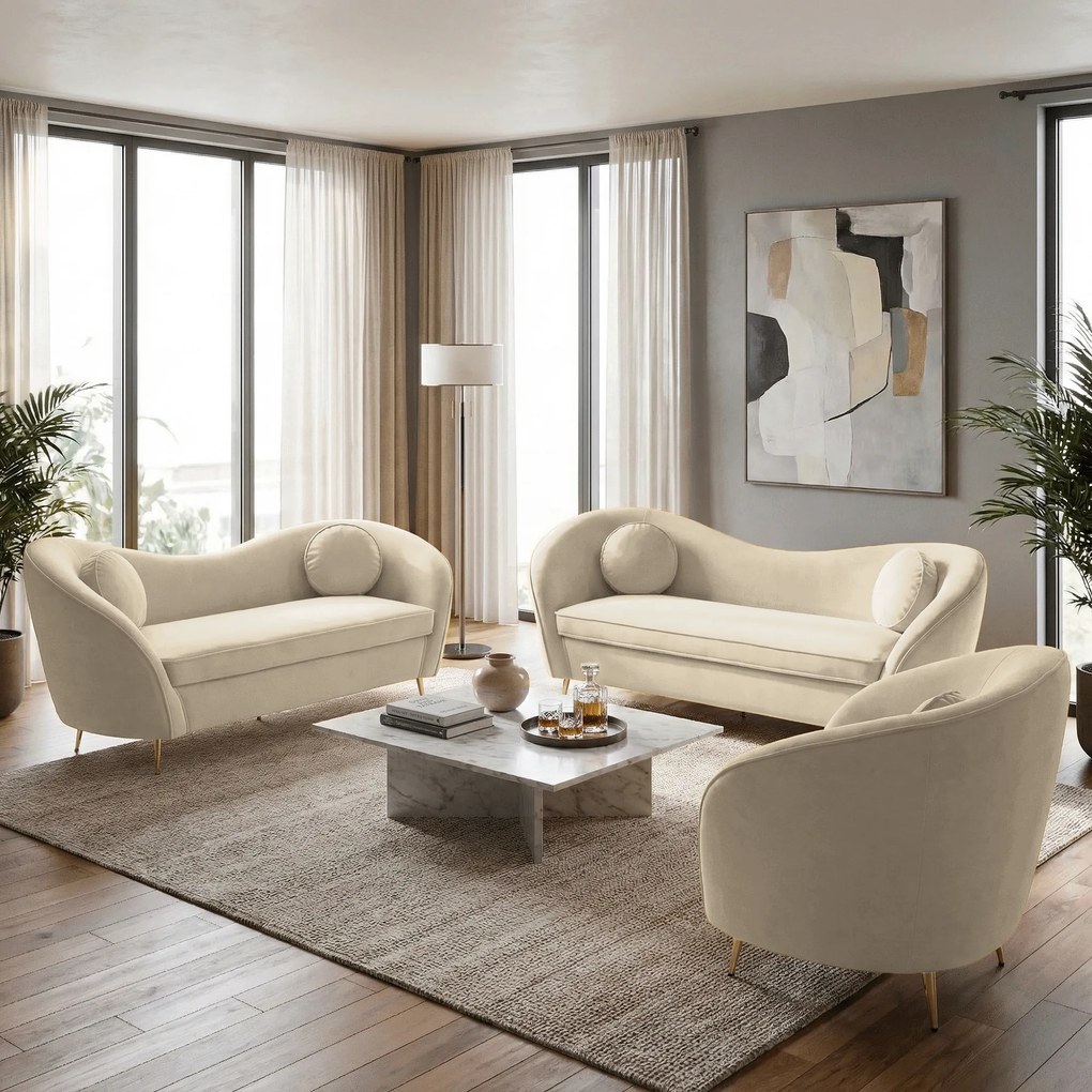 Canapea cu 2 locuri de design, ţesătură Velvet bej/gold crom auriu, EZIO TYP 2